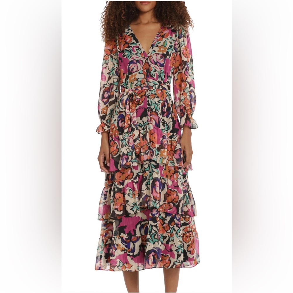 Donna Morgan Women's Dresses V-Neck Tiered Skirt Maxi- Size 6